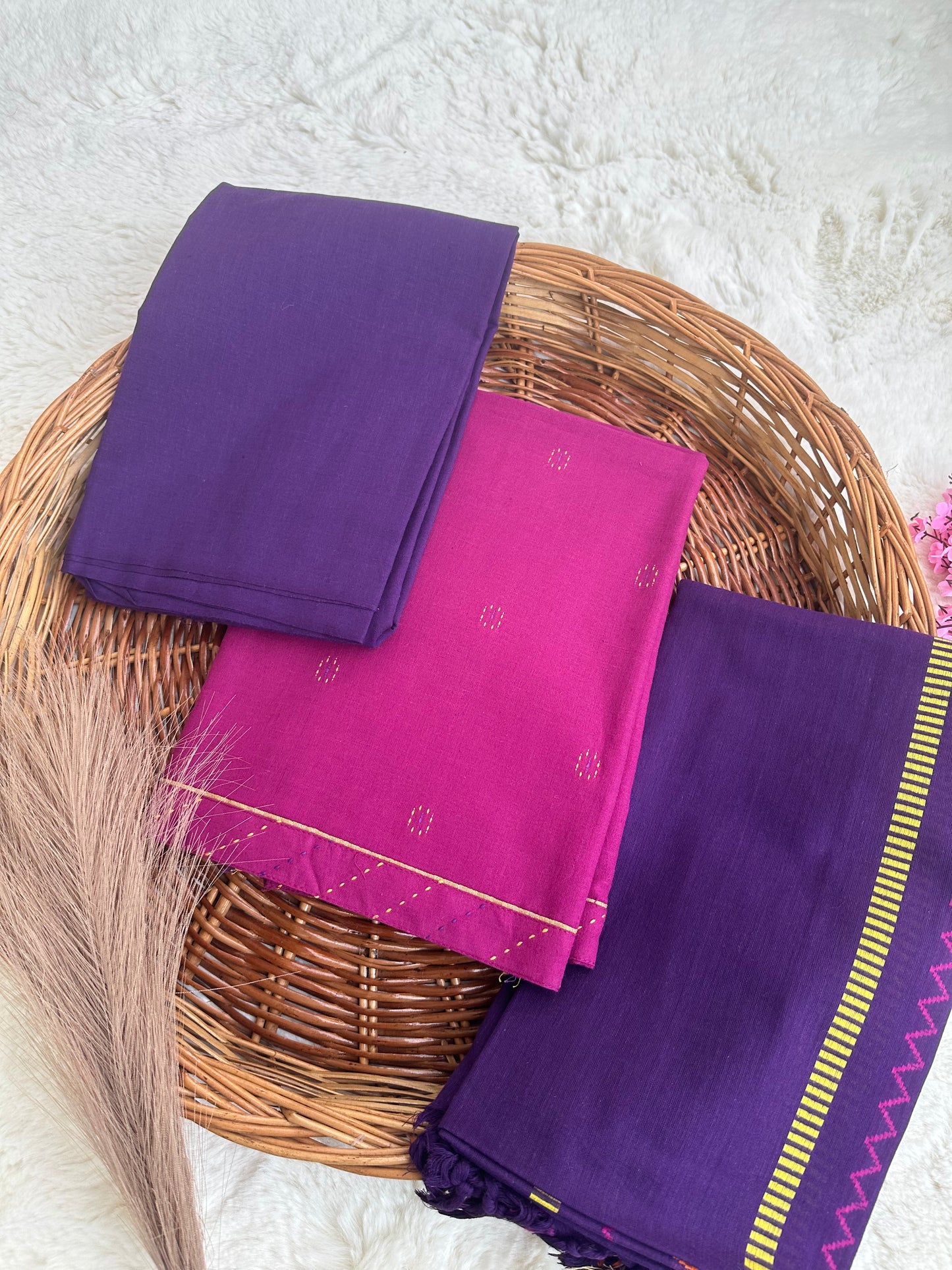Unstitched cotton pink and purple suit set