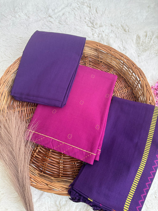 Unstitched cotton pink and purple suit set