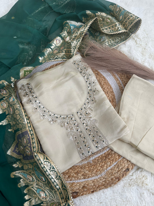 Off-white unstitched suit set with green dupatta