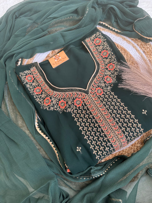 Unstitched bottle green suit set