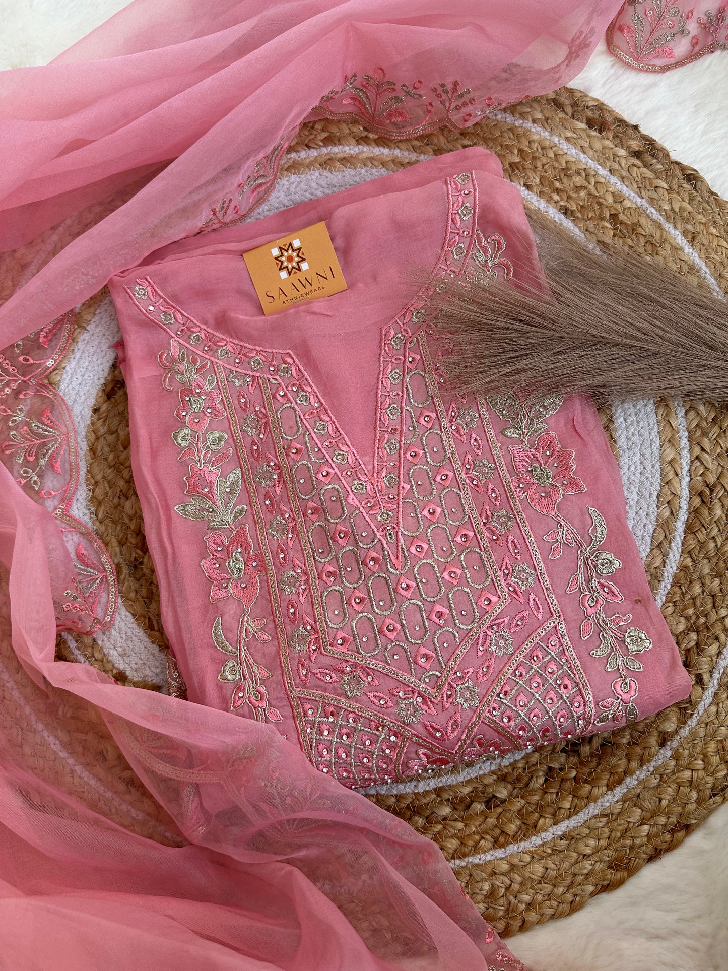 Unstitched pink suit set with beautiful dupatta