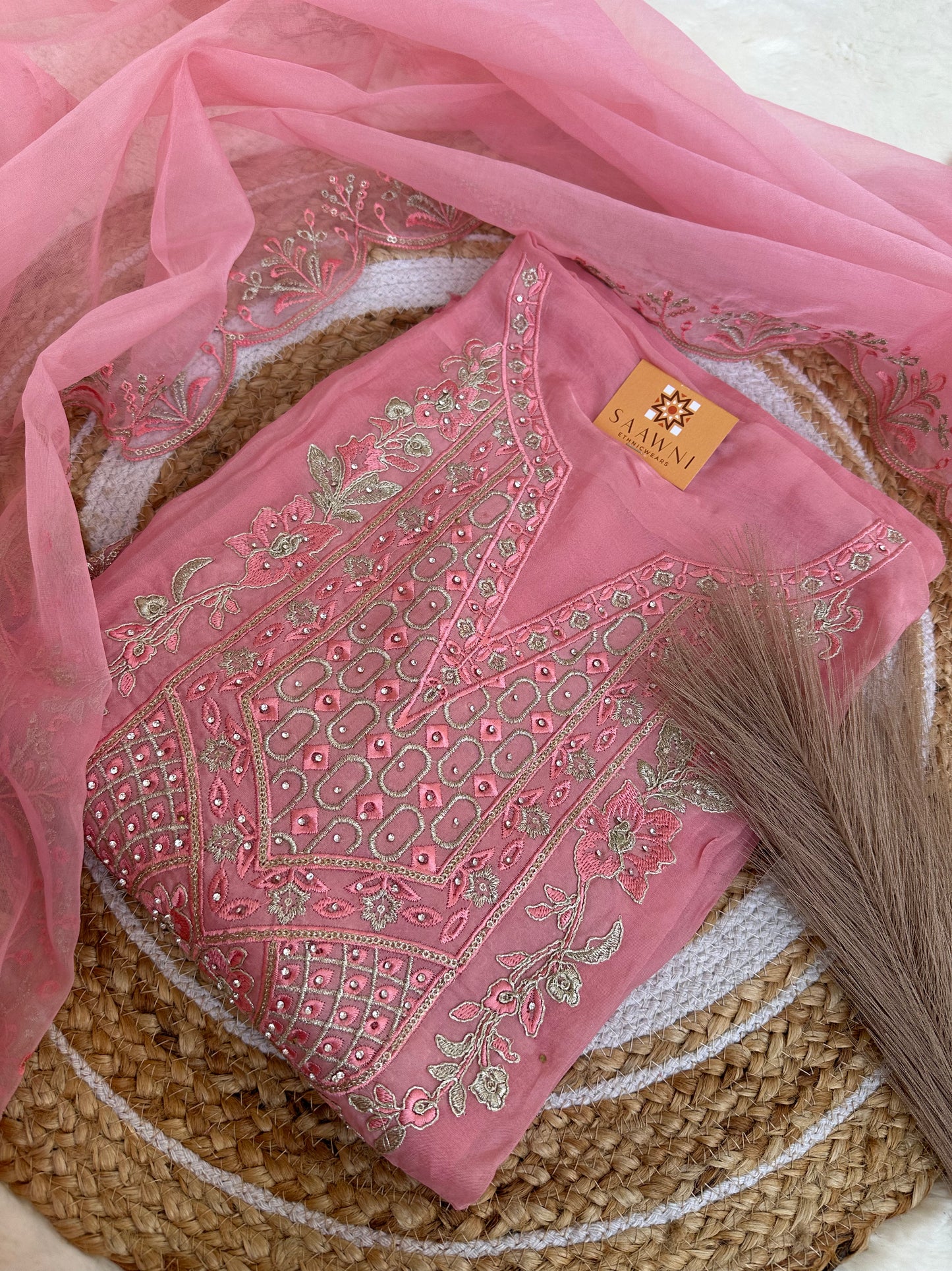 Unstitched pink suit set with beautiful dupatta