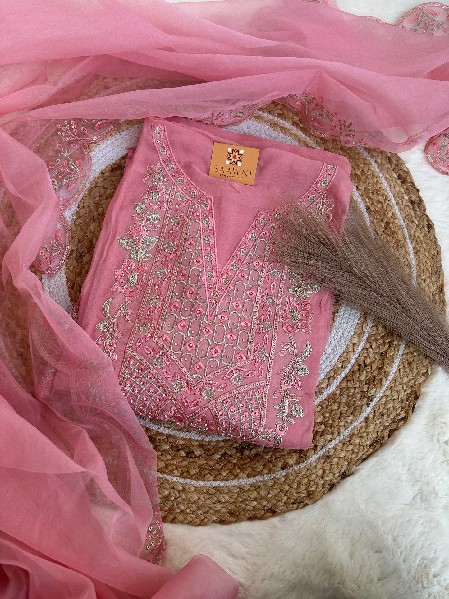 Unstitched pink suit set with beautiful dupatta