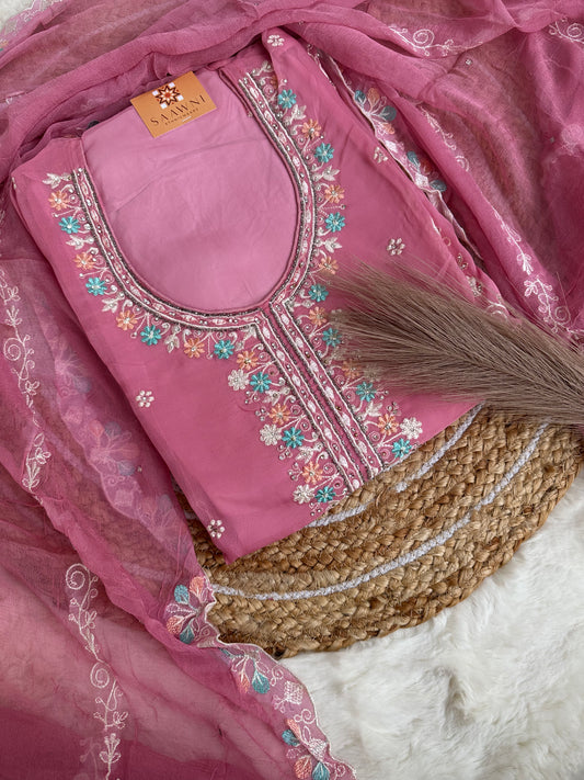 Unstitched organza pink suit set