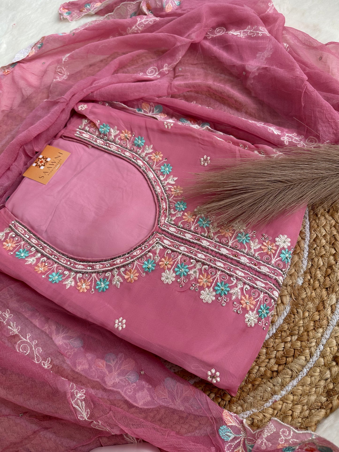 Unstitched organza pink suit set