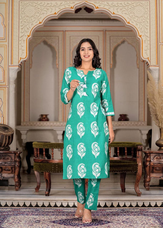 Stitched Floral Printed Green Cotton Kurta Pant set