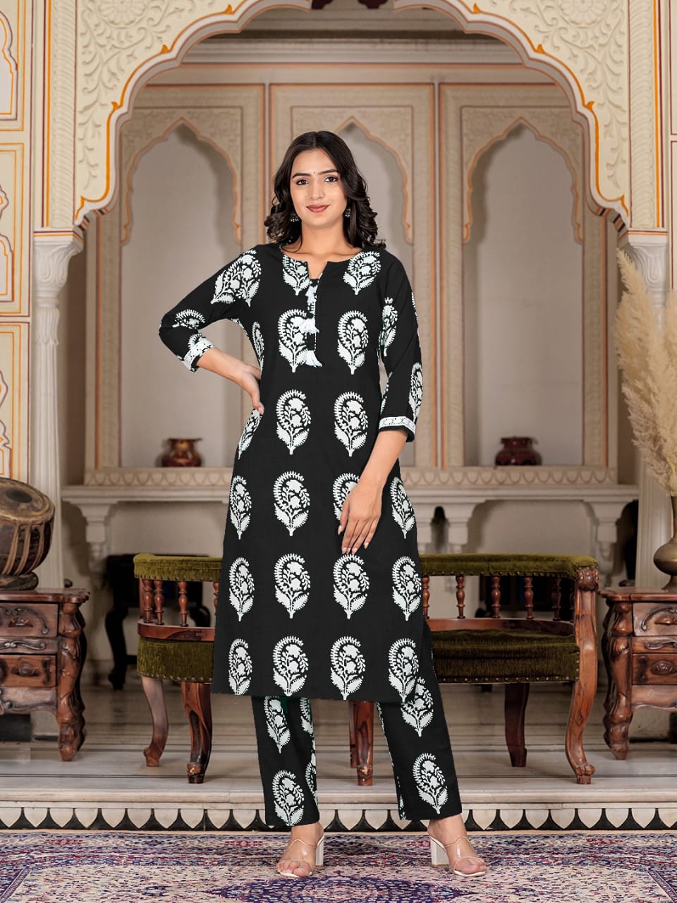 Stitched Floral Printed Black Cotton Kurta Pant set