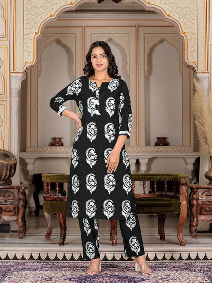 Stitched Floral Printed Black Cotton Kurta Pant set