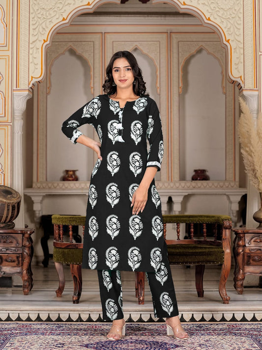 Stitched Floral Printed Black Cotton Kurta Pant set